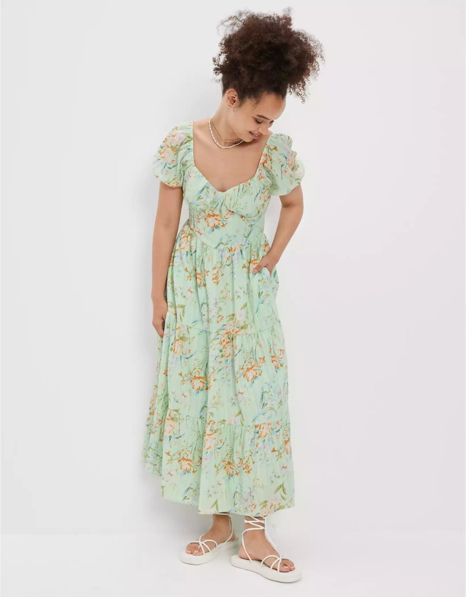 Robe Mi-longue American Eagle AE Floral Open Back Corset Vert Femme | ZJN-78519547